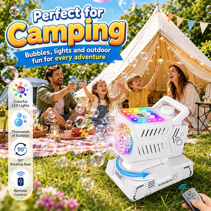 SHCKE Bubble Machine with Remote Control, Auto Rotation & 11 RGB Lights | 1800mAh Rechargeable Battery/USB-C,Top-Fill Portable Bubble Maker for Kids,Outdoor,Birthday Parties,Wedding,Camping,Pool