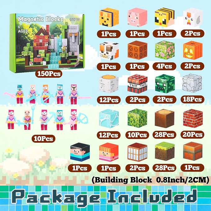 Magnetic Building Blocks Set -150PCS Magnetic Tiles with 10 Toy Figures & 10 Weapons, Educational Toys for Kids (Boys & Girls)