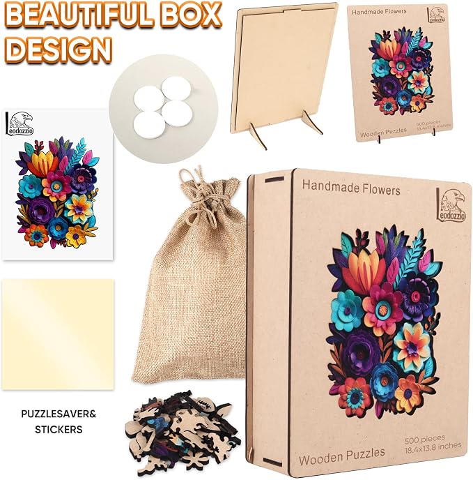 Leodozzio Wooden Jigsaw Puzzles 500 Pieces, Handmade Flowers Autumn Puzzles for Adults, Unique Shaped Wooden Puzzle, Birthday Gift Family Game, 13.8x18.4 Inch
