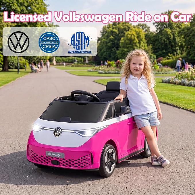 Costzon Ride on Car, 12V Licensed Volkswagen Kids Car Bus with Storage Compartment, Music, Story, Spring Suspension, LED Headlights, Electric Vehicles for Boys Girls Aged 3-7 (Hot Pink)