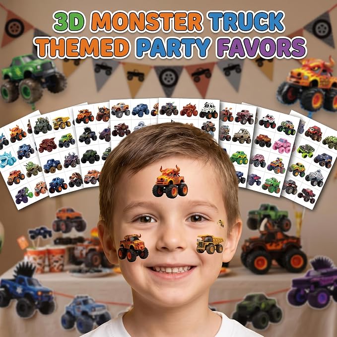 Monster Truck Temporary Tattoos for Kids - 96 Pcs Pre-Cut 3D Cute | Art Style Tattoos, 8 Sheets Dinosaur & Shark Truck Stickers for Boys Birthday Party Favors, Goodie Bag Stuffers, Rewards