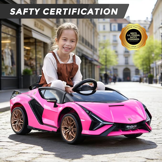 Licensed Lamborghini SIAN Kids Electric Ride On Car by TOBBI, Toddler 12V Battery Powered 4 Wheeler Driving Vehicle Toy with Remote Control/Safety Belt/Horn & LED Lights for Children Age 1-6-Pink