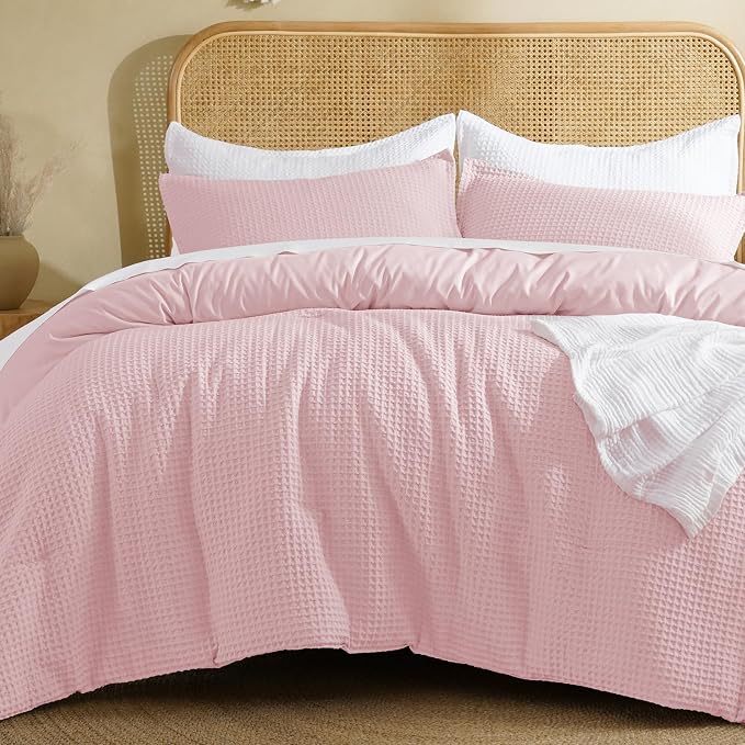 David's Home Waffle Weave Comforter Set 2PCS Twin Size, Soft Breathable Lightweight Cozy Skin-Friendly Warm for All Season, Elegant Aesthetic Home Decor Bedding Set with Pillow Shams, Pink