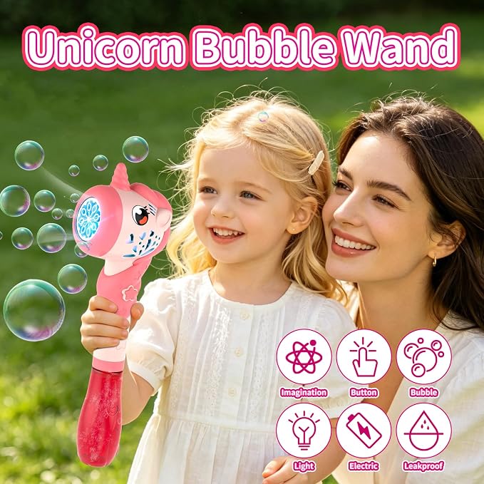 Bubble Wand for Girls, Automatic Bubble Machine Wand Toys with Light, Outdoor Party Toys for 3 4 5 6 Year Old Girl Wedding Easter Birthday Gifts Include Bubble Solution