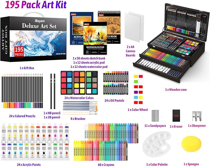 iBayam Deluxe Art Set,195-Pack Artist Gift Box, Arts and Crafts Drawing Painting Kit Art Supplies for Adults Teens Kids, Art Kits with 24 Acrylic Paint, Sketchbook, Canvases, Crayons, Pencils
