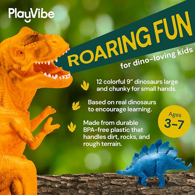 PLAYVIBE Dinosaur Toys - 12 Realistic 9-Inch Models, Multi-Color, Metal Storage Box - Dinosaur Figures & Action Figures for Kids Ages 3-7 - with Metal Storage Box - for Boys & Girls
