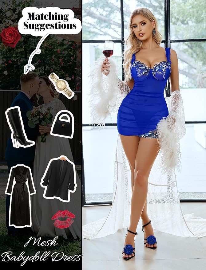Avidlove Lingerie for Women Mesh Babydoll Lingeries Lace Chemise Floral Sleepwear Dress Sheer Exotic Boudoir Outfit S-XXL