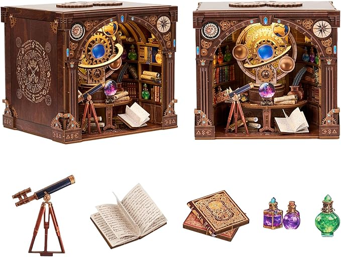 DIY Miniature Dollhouse Kit,3D Wooden Puzzles for Adults to Build, Birthday/Christmas Day Gift for Astronomy & Steampunk Lovers,Mini Zodiac Library with LED Lights,Star Trail Magic Workshop