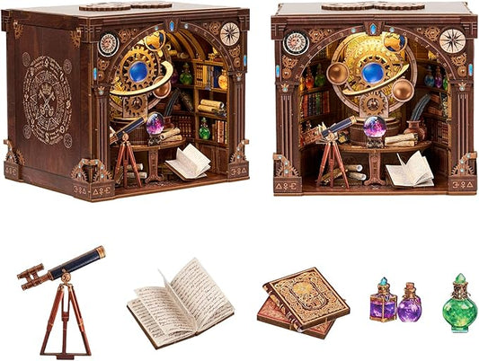 DIY Miniature Dollhouse Kit,3D Wooden Puzzles for Adults to Build, Birthday/Christmas Day Gift for Astronomy & Steampunk Lovers,Mini Zodiac Library with LED Lights,Star Trail Magic Workshop