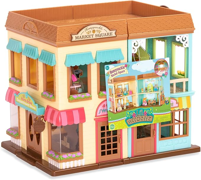 Li'l Woodzeez – Honeysuckle Square Market & Shopping Playset with 24 Pieces, Miniature Animal Figures & Accessories for Imaginative Play, 3+ Years
