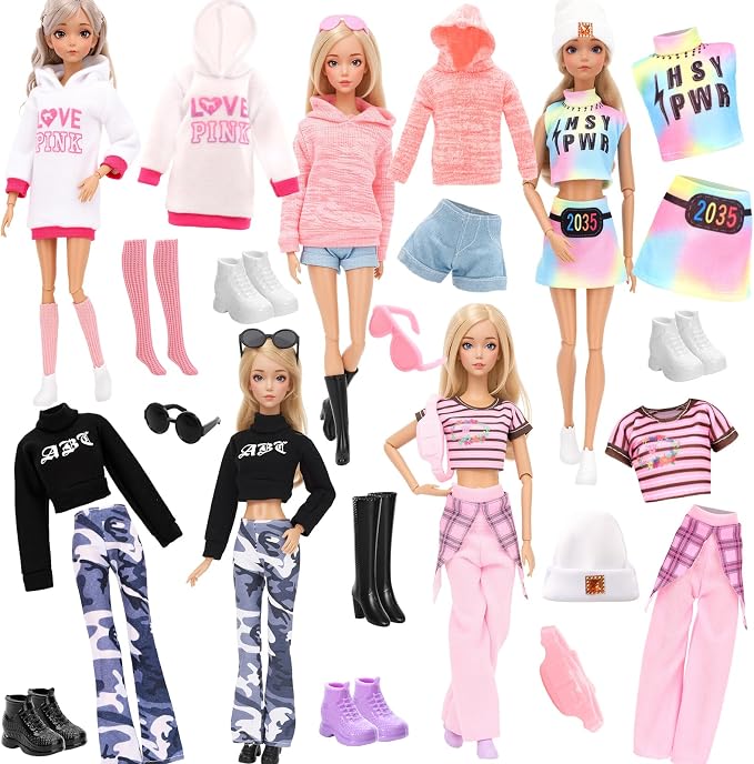 15 Pcs Doll Clothes and Accessories for 11.5 Inch Dolls Includes 5 Stylish Doll Outfit, Sport Sweet Set, Dress, Hoodie Fashion Casual Clothing Glasses Stockings Waist Bag Hat High Heels and Flat Shoes