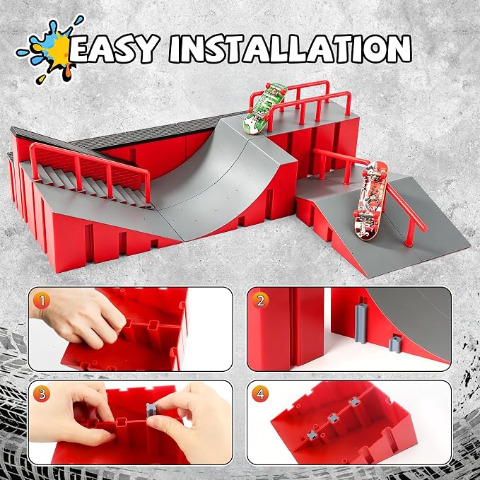 Fingerboard Skate Park Ramp Kit, Finger Skateboards Toys with Skates Sports Shorts Tool Kit, Mini Fingerskateboards Training Props Interactive Freestyle Skate Game for Kids Adults