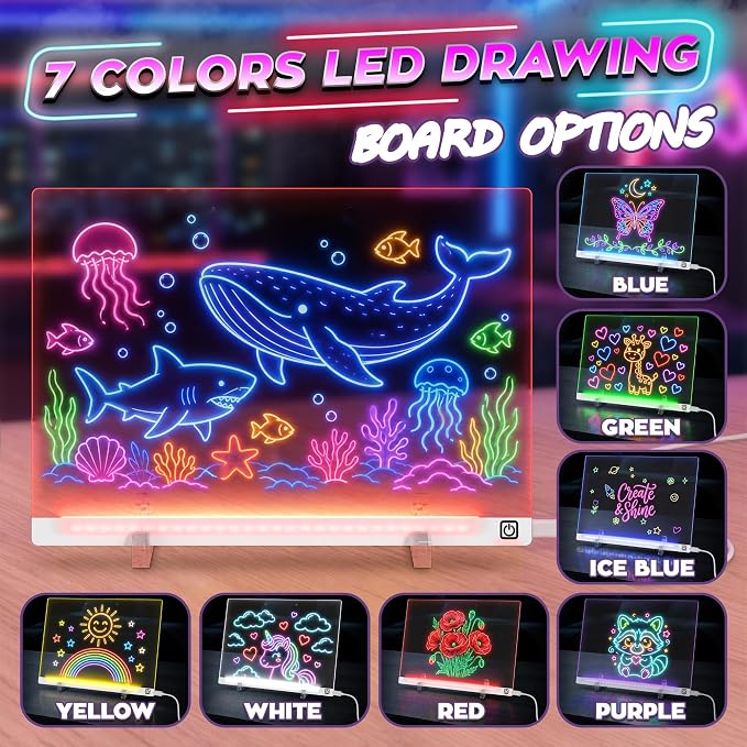 LED Drawing Board with USB-C Power – 16 Inch Acrylic Light Board for Tracing with Edge-Lit Color-Changing Glow, 7 LED Colors, 6 Light Modes – Plug-and-Play Kit with Markers, Stands, Gift Box (White)