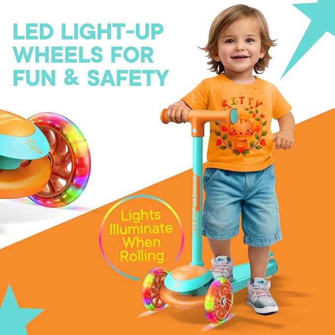3 Wheel Scooter for Kids, Smooth Light Up LED Front Wheels, Wide Anti Slip Deck, Rear Foot Brake, Easy Lean to Steer Maneuvering, Indoor & Outdoor Ride On Toys for Ages 2 Up,