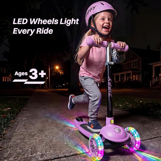 JOVA ZIFFY Multicolor 3 Wheel Scooter for Kids 3-5, Toddler Kick Scooters with LED Light-Up Wheels for Boys and Girls, 5 Adjustable Height and Lean-to-Steer Design, Support up to 110 lbs