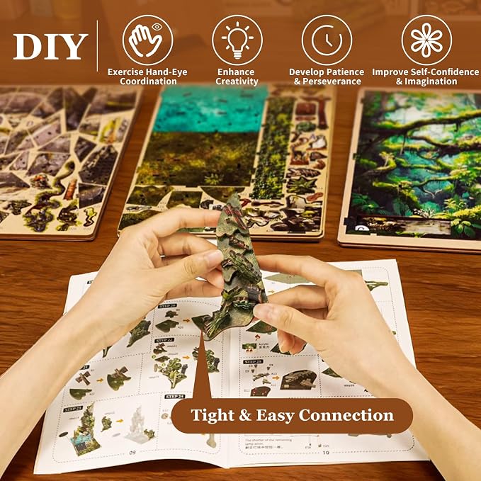 fifijoy Book Nook Kit - DIY Miniature House Dollhouse Kit for Adults and Teens, 3D Wooden Puzzle Bookend Tiny House Bookshelf Decor with LED Light, Gifts for Family and Friends (Jungle Adventure)