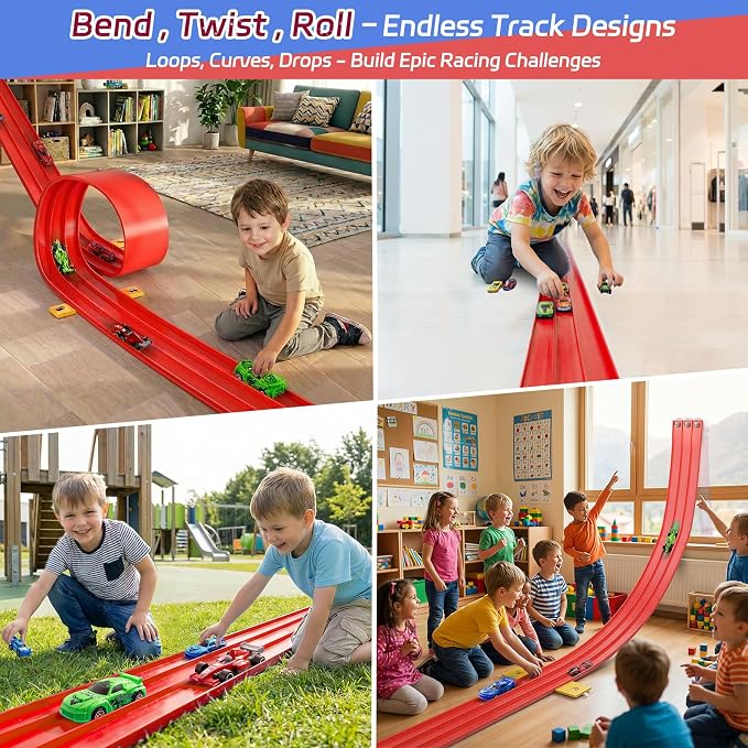 3-Lane Flexible Race Car Track for Kids - 16.4 Ft Race Track Toy with Strong Suction Cups, Roll-Up Portable DIY Racetrack Compatible with 1/64 Diecast Cars