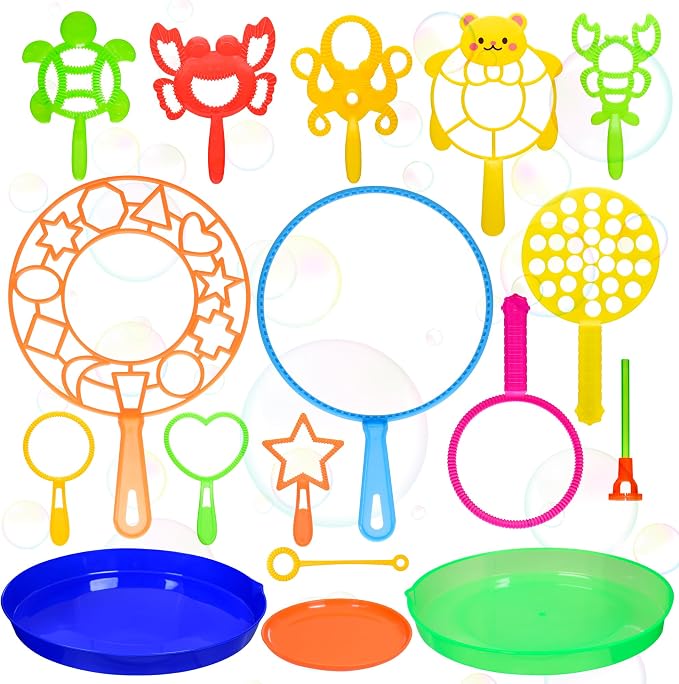 Bubble Wands Set for Kids,17 pcs Assorted Bubble Wands with Tray, Big Bubble Maker Wand for Kids Summer Outdoor Games,Birthday Party,Family Event,Gifts for Bubble Lovers