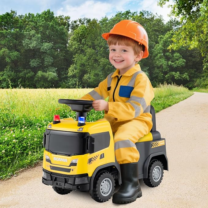 Costzon Ride On Push Car, Licensed Scania Construction Vehicle for Toddlers with Horn, Music, Lights, Under Seat Storage, Foot-to-Floor Sliding Car, Kids Ride On Toys for Boys Girls 18+ Months