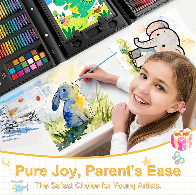 GOTIDEAL Kids Art Kit,Art Supplies for Kids,210 PCS Art Set with Double Sided Trifold Easel,Coloring Book, Crayons, Markers, Watercolor Pens, Arts & Crafts,Gift for 4-12 Year Old(Black)
