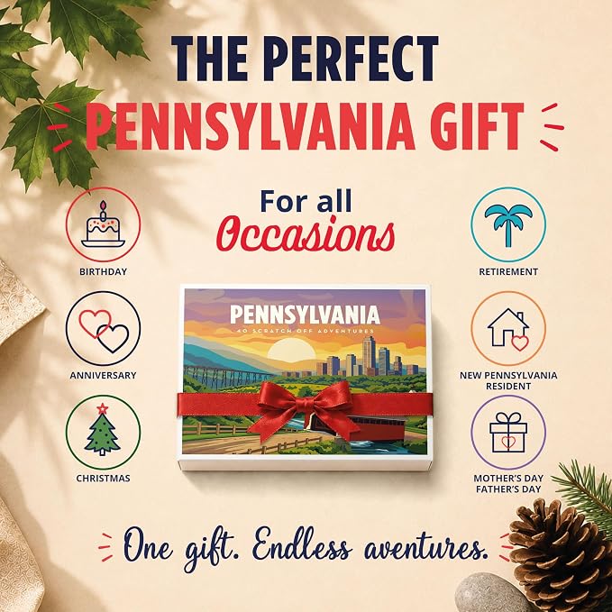 Pennsylvania Bucket List Scratch Off Cards - 40 Adventure Bucket List Cards with Region Split Map, Hidden Gems, Scenic Escapes & Local Favorites - Travel Gift for Couples, Families, Friends & Tourists