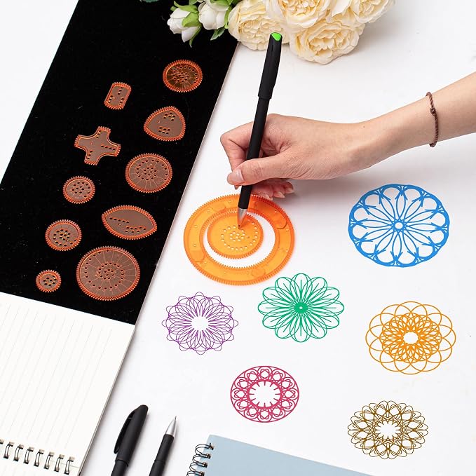 Chivao Spiral Art Kit Circle Stencils Drawing Tool Gear Geometric Ruler Circle Template Drawing Kit Plastic Spiral Curve Stencils with Pens Paper for Back to School Gifts DIY Crafts Sketch(Vivid)