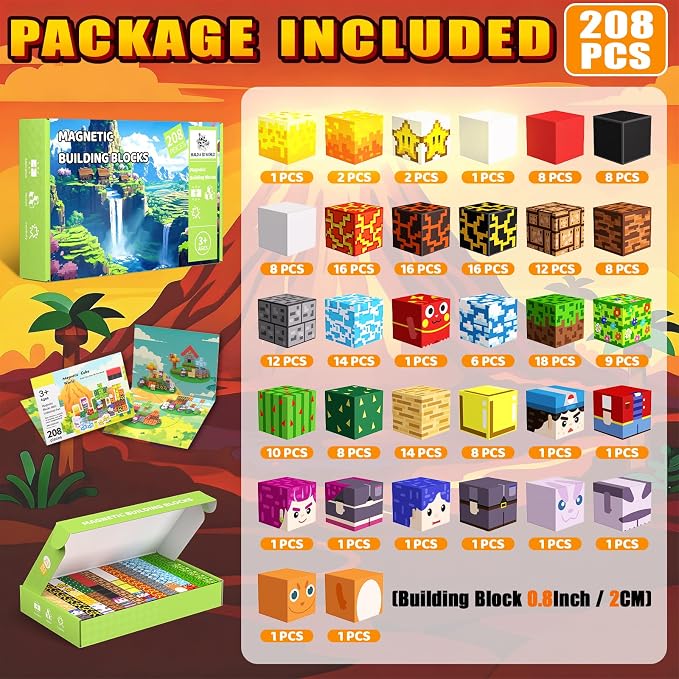 Light Up 208PCS Magnetic Blocks, Magnetic Building Blocks Light Up, Stacking Magnets for Kids, Sensory Toy for STEM Constructions Magnet Blocks for Boys Girls Age 3+, Birthday Gifts