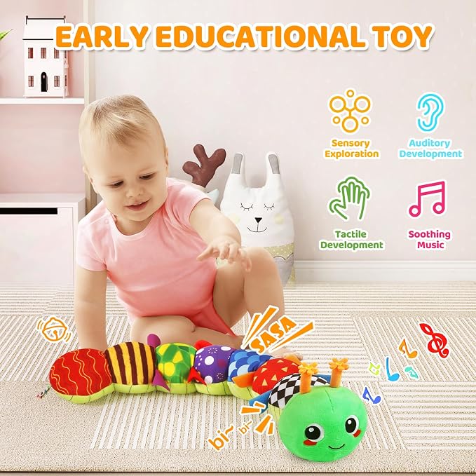 KMUYSL Baby Sensory Caterpillar Toys for 0-6 6-12 Months, Soft Plush Activity Toy with Crinkle, Rattle & Gentle Music, Tummy Time Toy for Infant Newborn, Early Development Toy Shower Gifts for Baby