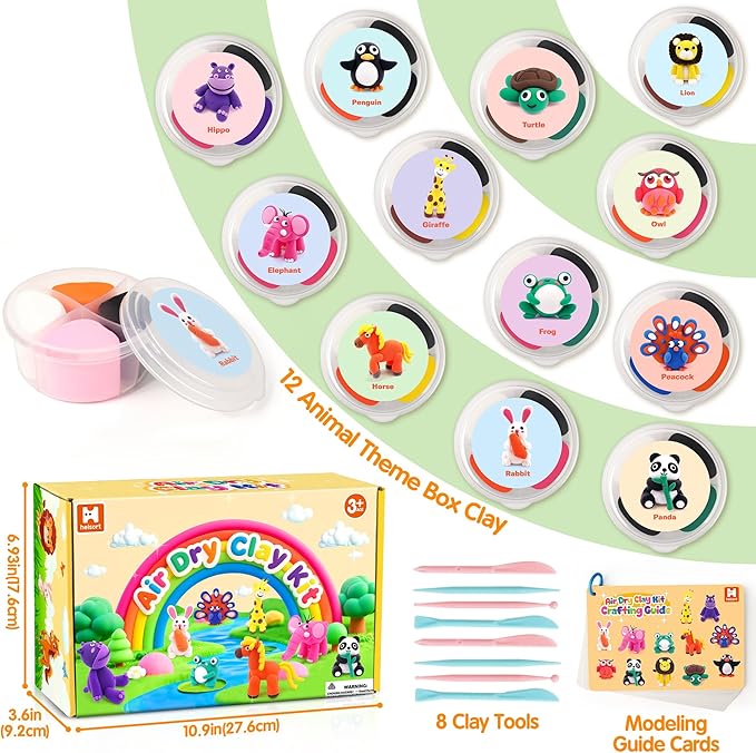 Air Dry Clay Kit for Kids, 12 Animals Modeling Clay for Kids, Molding Clay with Tutorial Cards & Video, 8 Sculpting Tools, Ultra Light, Safe & Non-Toxic, DIY Arts and Crafts Toys Gifts for Boys Girls