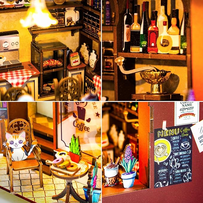 DIY Book Nook Kit - Dollhouses Café with LED - Miniature 3D Wooden Puzzle House Kit - Educational Toys forAdults and 14+ Teens Building