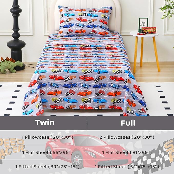 Viviland 3 Pieces Boys Race Twin Sheet Set - Soft Microfiber Fitted Flat Sheets & Pillowcase Bed Sheet Set - Grey Race Print Bedding Sets for Kids