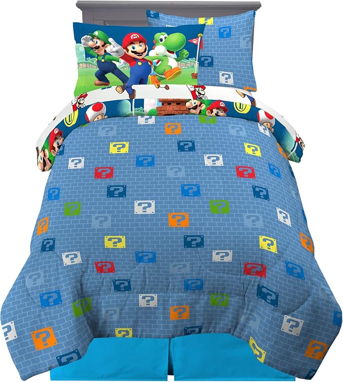 Super Mario Kids Bedding Set, Twin Size 5 Piece Comforter and Sheet Set with Sham, (Officially Licensed Product) by Franco