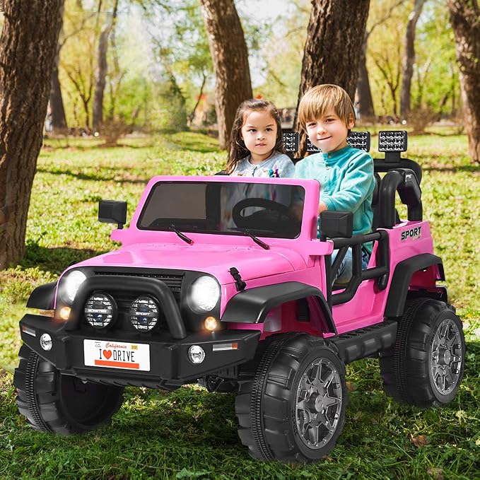 Costzon 2-Seater Ride on Truck, 12V Battery Powered Electric Vehicle Toy w/Storage, Remote Control, 3 Speed, LED Lights, MP3, Horn, Music, 2 Doors Open, Spring Suspension, Ride on Car for Kids (Pink)