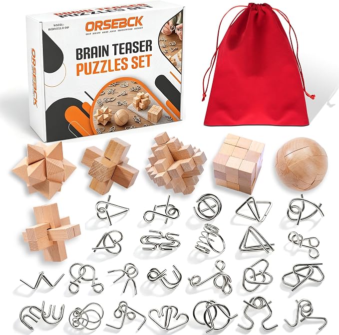 30pcs Metal & Wooden Brain Teaser Puzzles Set, 3D Brain Teasers Wire Puzzles for Adults Teens Kids, Educational IQ Unlock Interlock Puzzle, Entertaining & Thoughtful Gift Set