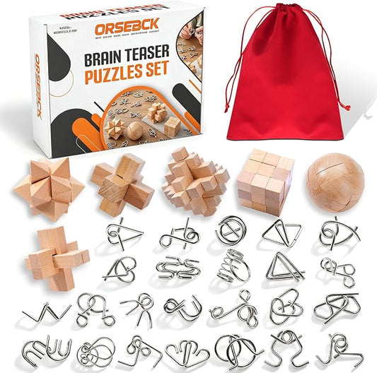 30pcs Metal & Wooden Brain Teaser Puzzles Set, 3D Brain Teasers Wire Puzzles for Adults Teens Kids, Educational IQ Unlock Interlock Puzzle, Entertaining & Thoughtful Gift Set