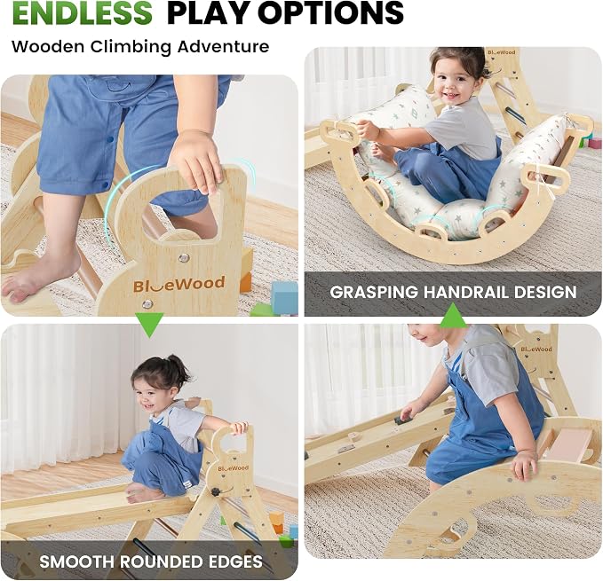 BlueWood Pikler Triangle Set with Cushion - Climbing Toys for Toddlers 9-in-1, Montessori Philosophy Play Jungle Gym with Arch, Ramp, Ladder (Pink)
