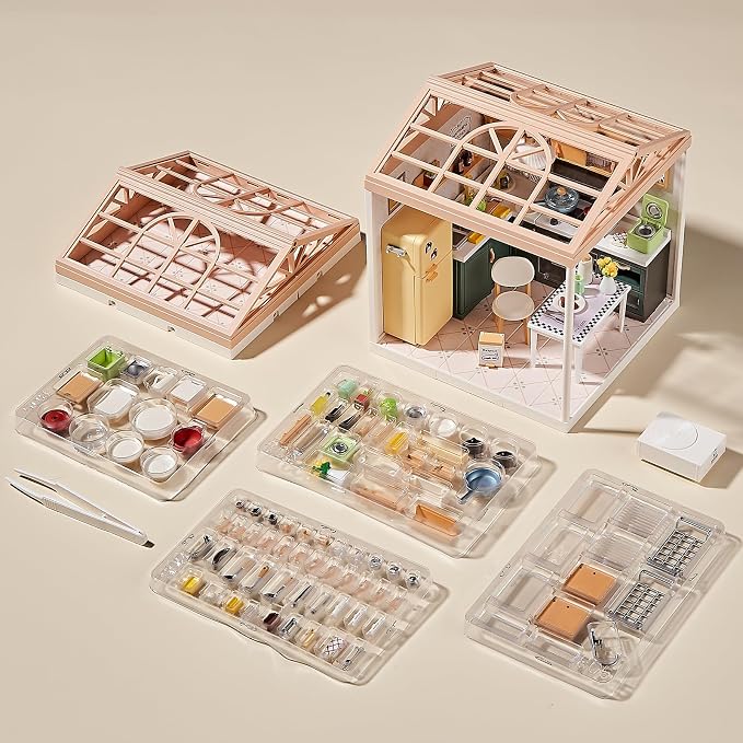 Miniature Kitchen DIY House Kit – 126Pcs Cooking Room Furniture Set with Plug-in LED Light & Modular Base, 1:24 Scale Model for Kids 8+, Teens & Hobbyists