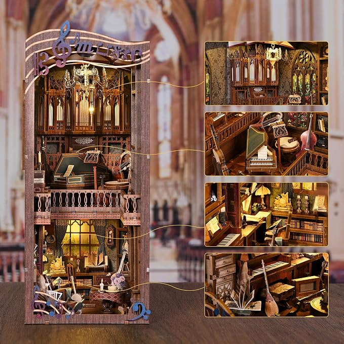 fifijoy Book Nook Kit Music, DIY Miniature House Kit Book Nook, 3D Wooden Puzzle Bookshelf Insert Diorama Kit with Led Light for Teens and Adults (Timeless Melody)