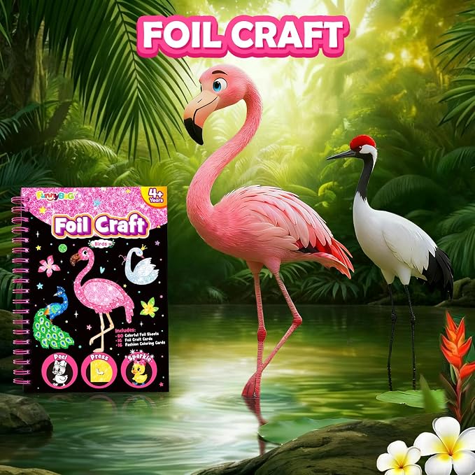 FUNNYB&G Foil Art Craft Kit for Girls 4-10 Years Old: Mess-Free & No-Glue, Create 16 Sparkly Birds Pictures – Perfect Travel Toy & Birthday Gift for Kids (Birds)