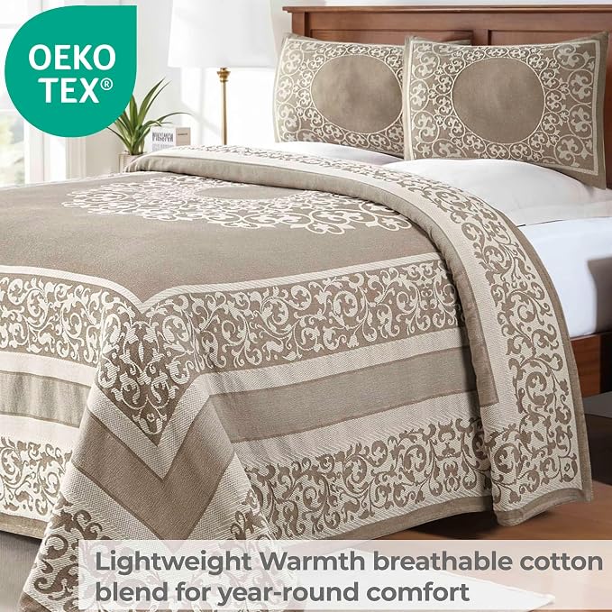 Superior Cotton Blend Bedspread Set, Includes 1 Tailored Bedspread and 2 Matching Pillow Shams, Lightweight Blanket, Bedding Decor, Jacquard Vintage Floral Mandala, Lyron Collection, Queen, Taupe