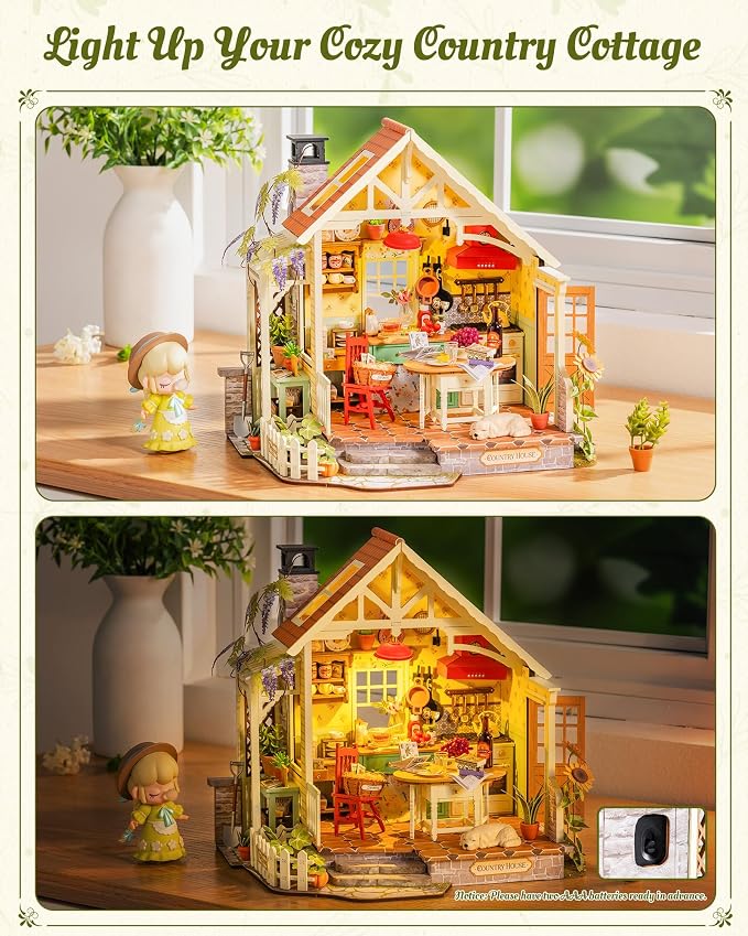 Rolife DIY Miniature House Kit for Adults - 1:18 Farmhouse Kitchen Dollhouse Kit with LED Light, Wooden 3D Puzzle Model Building Set, Tiny House Diorama Craft Kit, Ideal Gift for Men Women Hobbyists