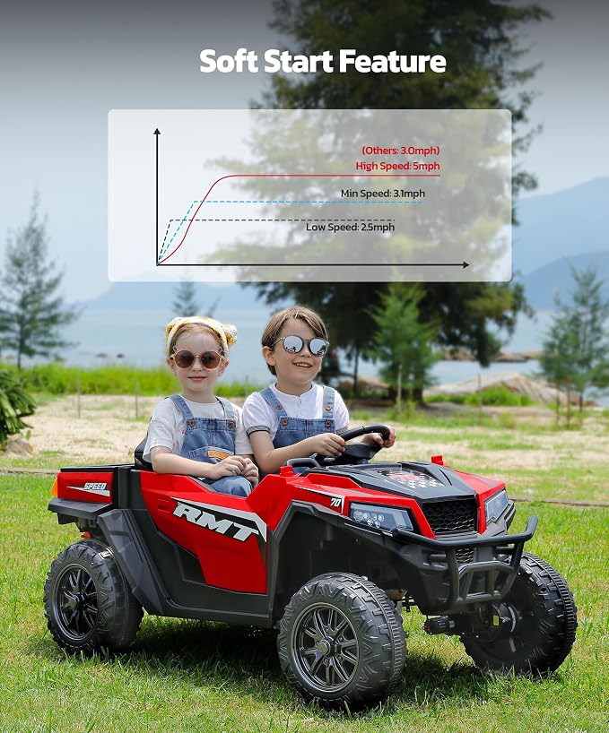 ELEMARA 24V Ride on Toy for Big Kid,Ride on Car 2 Seater w/Sun Shade,Dump Bed & Shovel,4.5MPH,4WD Electric Car for Kids,Battery Car w/Remote,Kids Ride on Truck,3 Speed,LED Lights,Bluetooth, Ruby