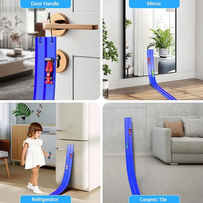 16FT Flexible Race Track with 4 Cars - DIY Car Ramp Track for Jumps, Loops, Ramps - Portable Roll-Up Dual Racetrack for Indoor Outdoor Play, Ages 3+ (Blue)