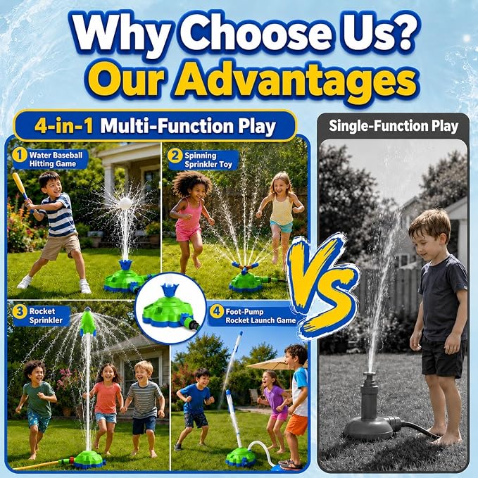 4-in-1 Water Sprinkler Toy for Kids,Backyard Outdoor Water Toys with Water-Spraying Rocket, Baseball Game, Rocket Launcher, Spinning Spray,Summer Yard Water Toys for Boys Girls Ages 4-12