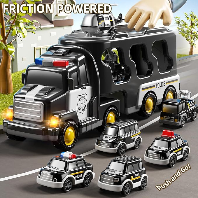 JUKUDAHU Police Truck Toy for 3-9 Years Old Boys & Girls - 7 in 1 Black Carrier Vehicle Set with 5 Toy Cars & 1 Helicopter, Friction Powered Car for Kids Age 1-3, Birthday Gifts for Toddlers 3-5