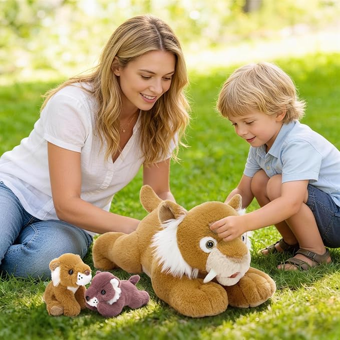 Tezituor Tiger Stuffed Animal,Tigers Plush Toys Set,17.7in Large Mommy Smilodon with 2 Babies,Realistic Wild Saber Tooth Tigers Plushie Stuffy Gift for Kids Boys Girls Easter Valentines Christmas