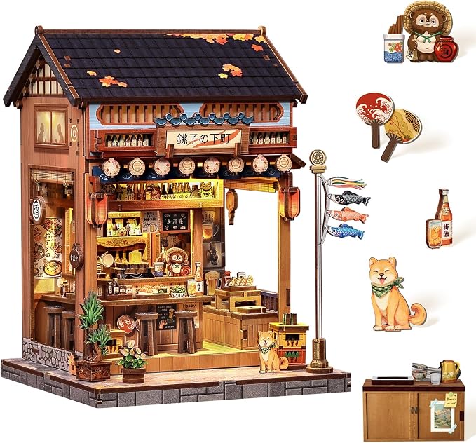 Book Nook Kit - DIY Miniature House Kit, 3D Puzzle Wooden Dollhouse with LED, Sakura Wine Alley, Tiny House Bookend, Bookshelf Decor, Crafts Gifts for Adults, Teens & Book Lovers