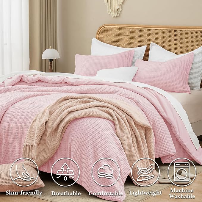 David's Home Waffle Weave Comforter Set 2PCS Twin Size, Soft Breathable Lightweight Cozy Skin-Friendly Warm for All Season, Elegant Aesthetic Home Decor Bedding Set with Pillow Shams, Pink