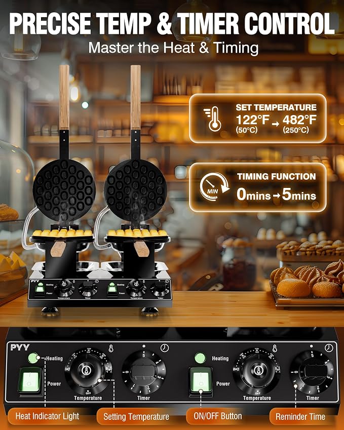 PYY 2-Head Bubble Waffle Maker - 3100W Commercial Hong Kong Egg Waffle Maker,180° Rotate, Non-Stick Plate, 50-250℃ Adjustable Temp, Bubble Waffle Machine for Commercial Use, 110V, Black