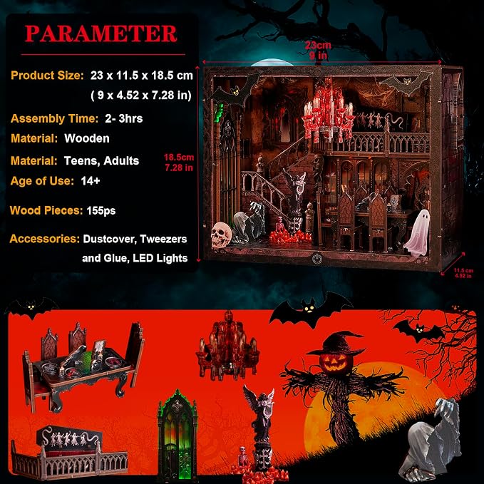 Haunted Manor DIY Miniature House Kit with LED Lights - Gothic Book Nook Decor, 3D Wooden Puzzle for Adults, Halloween Home Decoration (AAA Batteries Not Included)